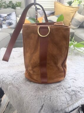 Valentino Garavani Suede Bucket Shoulder Bag with Leather Trim and Gold Ring